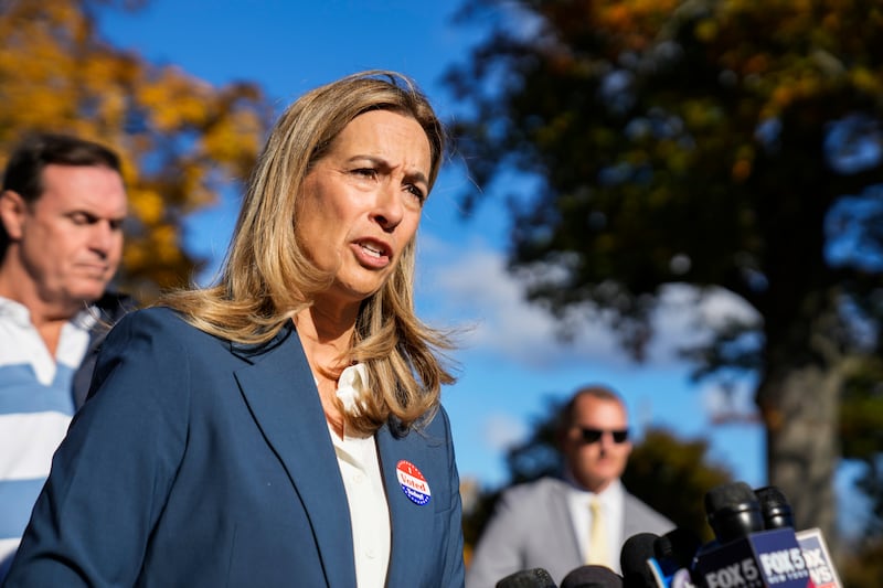New Jersey Democratic gubernatorial nominee Rep. Mikie Sherrill  speaks to the media after casting her vote on November 4, 2025 in Montclair, New Jersey.