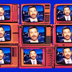 A photo illustration of TV sets with Jimmy Kimmel Live on them.