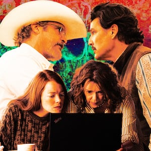 Micheal Ward, Joaquin Phoenix, Pedro Pascal, Emma Stone, Deirdre O'Connell, and Austin Butler in Eddington.