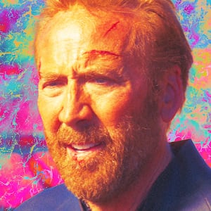 A photo illustration of Nicolas Cage in The Surfer.