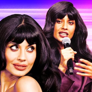 A photo illustration of Jameela Jamil on a purple background.
