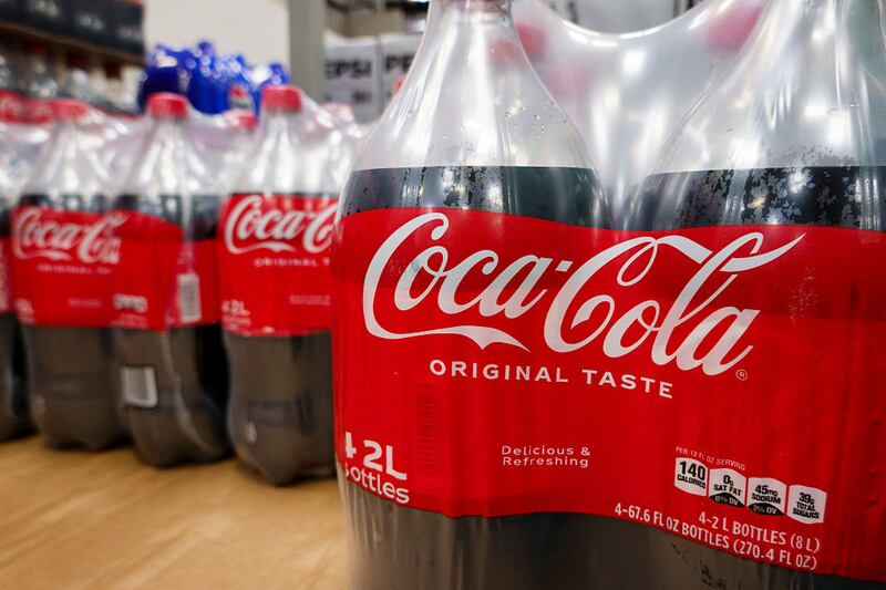 SAN DIEGO, CALIFORNIA - APRIL 27: Two-liter bottles of Coca-Cola soda are displayed at a Costco Wholesale store on April 27, 2025 in San Diego, California. (Photo by Kevin Carter/Getty Images)