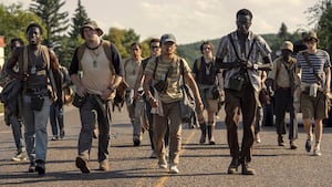 Cooper Hoffman, Ben Wang, Teagan Stark, Jordan Gonzalez, Tut Nyuot, and David Jonsson in The Long Walk.