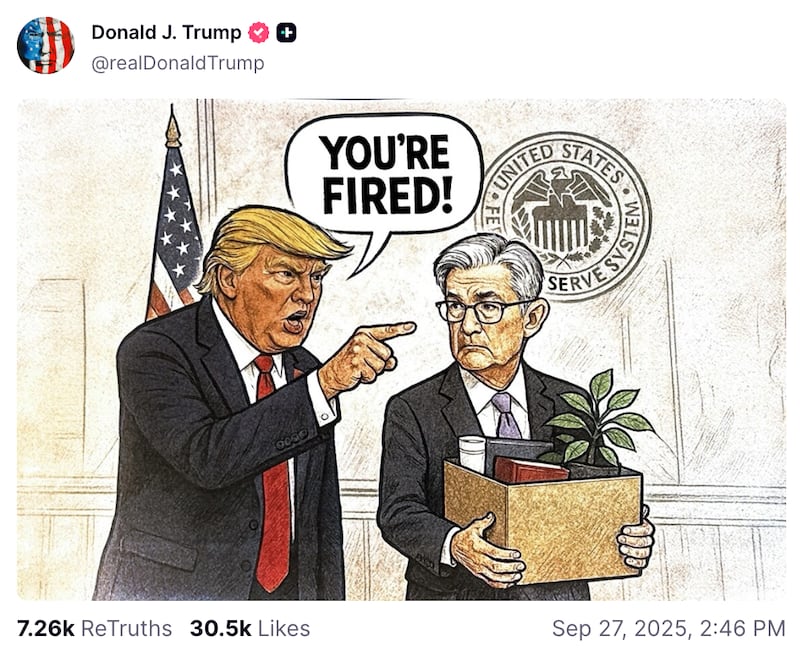 Donald Trump's post on Truth Social showing an AI-generated drawing of him firing FED chair Jerome Powell