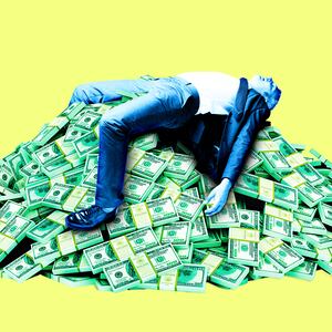 A photo illustration of a blue man in a suit lying on a pile of money.