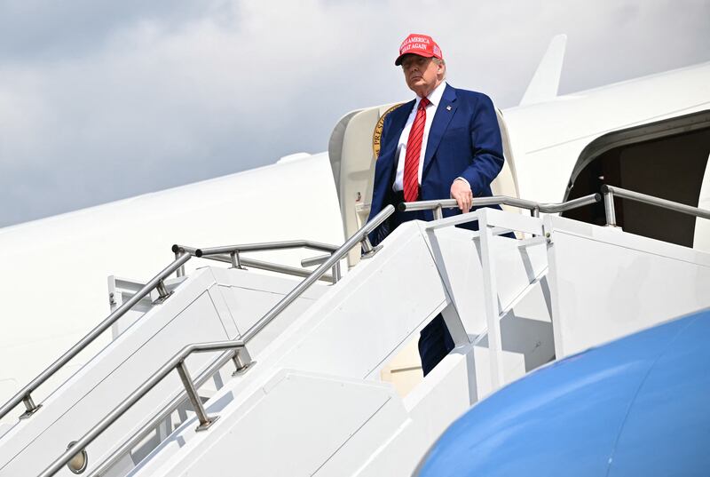 President Donald Trump steps off Air Force One upon arrival in Morristown, New Jersey on June 20, 2025 told reporters he is giving Iran two weeks maximum.