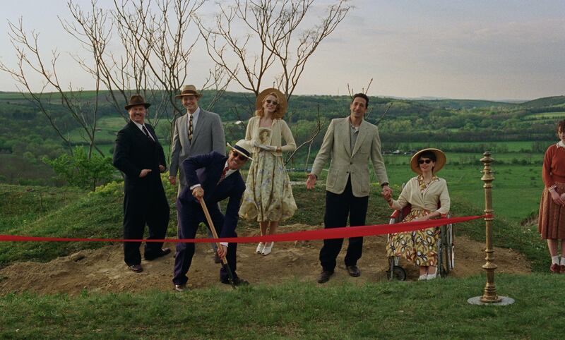 (L-R) Joe Alwyn, Guy Pearce, Stacy Martin, Adrien Brody, Felicity Jones, and Raffey Cassidy.
