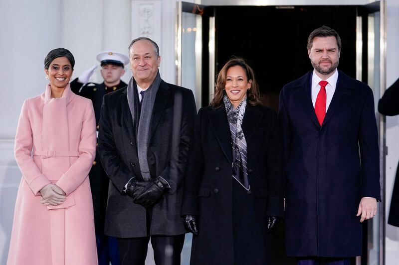 U.S. Vice President Kamala Harris and second gentleman Doug Emhoff pose for a photo along with U.S. Vice President-elect JD Vance and his wife Usha Vance at the White House on the inauguration day of U.S. President-elect Donald Trump's second Presidential term in Washington, U.S. January 20, 2025. REUTERS/Nathan Howard