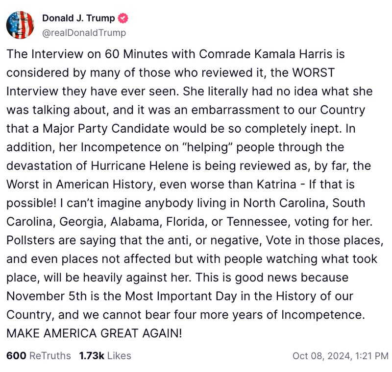 A post by Donald Trump on Truth Social.