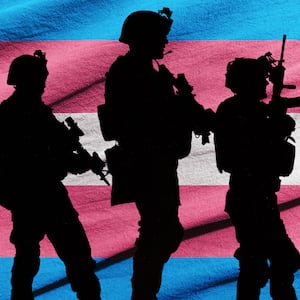 Silhouettes of soldiers and the Transgender flag.