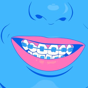 Illustration of a smiling teenager with braces and doodles around them