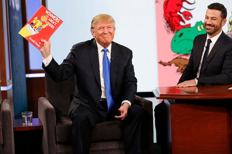JIMMY KIMMEL LIVE - Emmy Award-nominated "Jimmy Kimmel Live" airs every weeknight (11:35 p.m. - 12:41 a.m., ET),  packed with hilarious comedy bits and features a diverse lineup of guests including celebrities, athletes, musicians, comedians and humorous human interest subjects. The guests for Wednesday, December 16 included Republican Presidential candidate Donald Trump and musical guest Gary Clark Jr. (Photo by Randy Holmes/Disney General Entertainment Content via Getty Images)
DONALD TRUMP, JIMMY KIMMEL