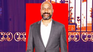 A photo illustration of Keegan-Michael Key
and a background of Only Murders in the Building.