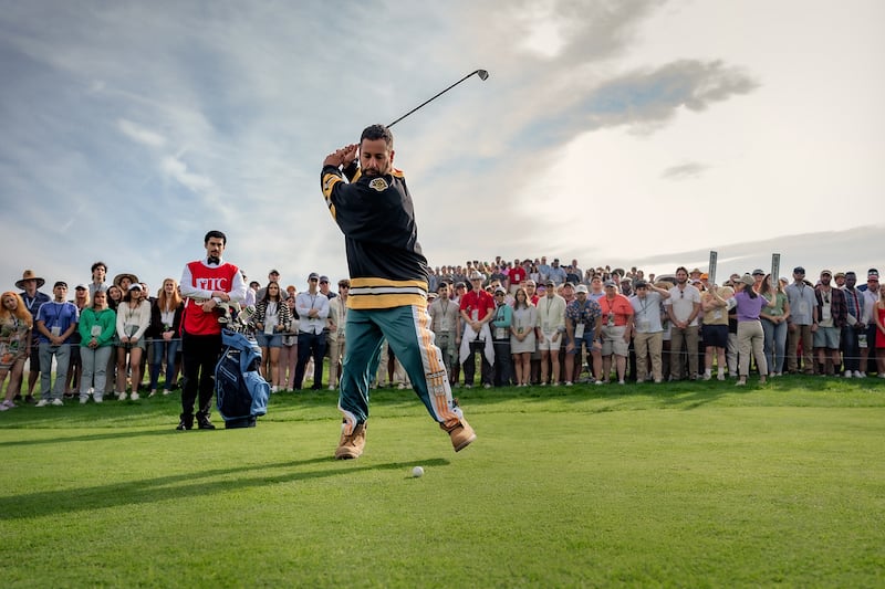 Benito Antonio Martínez Ocasio as Oscar Mejias and Adam Sandler as Happy Gilmore in Happy Gilmore 2.