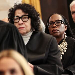 (L-R) U.S. Supreme Court Chief Justice John Roberts, U.S. Supreme Court Associate Justice Sonia Sotomayor and U.S. Associate Supreme Court Justice Ketanji Brown Jackson listen as U.S. President Donald Trump speaks during inauguration ceremonies in the Rotunda of the U.S. Capitol on January 20, 2025 in Washington, DC.