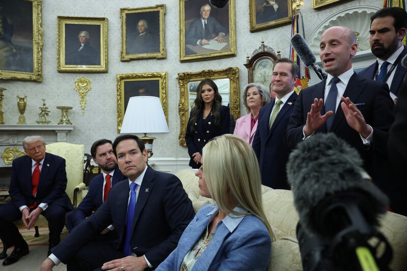 White House Deputy Chief of Staff Stephen Miller speaks as Vice President JD Vance, Secretary of State Marco Rubio and Pam Bondi, U.S. Attorney General, sit nearby as U.S. President Donald Trump meets with President Nayib Bukele of El Salvador in the Oval Office of the White House.
