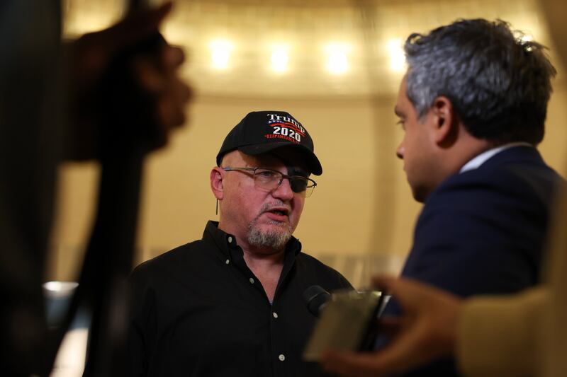 WASHINGTON, DC - JANUARY 22: Oath Keepers founder Stewart Rhodes speaks to the press in the Cannon House Office Building on January 22, 2025 in Washington, DC. Rhodes and Ivan Raiklin met with U.S. Reps. Gus Bilirakis (R-FL) to discuss the release of Jeremy Brown who was sentenced to 7 years after his role in the January 6, 2021 attack on the U.S. Capitol. Rhodes, who was among about the 1,500 criminal defendants who were charged in the January 6 attacks was pardoned by President Donald Trump. (Photo by Kayla Bartkowski/Getty Images)