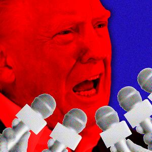 Donald Trump, reporter microphones illustration