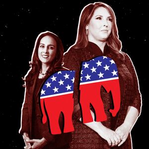 Illustration featuring Ronna McDaniel and her challenger Harmeet Dhillon