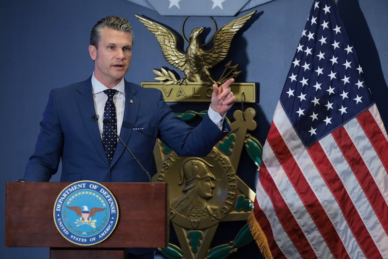 U.S. Secretary of Defense Pete Hegseth speaks during a reenlistment ceremony for Congressional Medal of Honor recipient Sgt. Dakota Meyer at the Pentagon on April 17, 2025 in Arlington, Virginia.