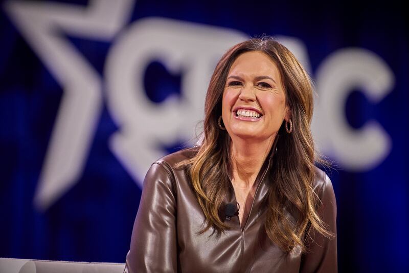 Arkansas Republican Gov. Sarah Huckabee Sanders speaks at the annual CPAC DC conference at the Gaylord National Resort in Oxon Hill, MD on Saturday, Feb. 22, 2025.