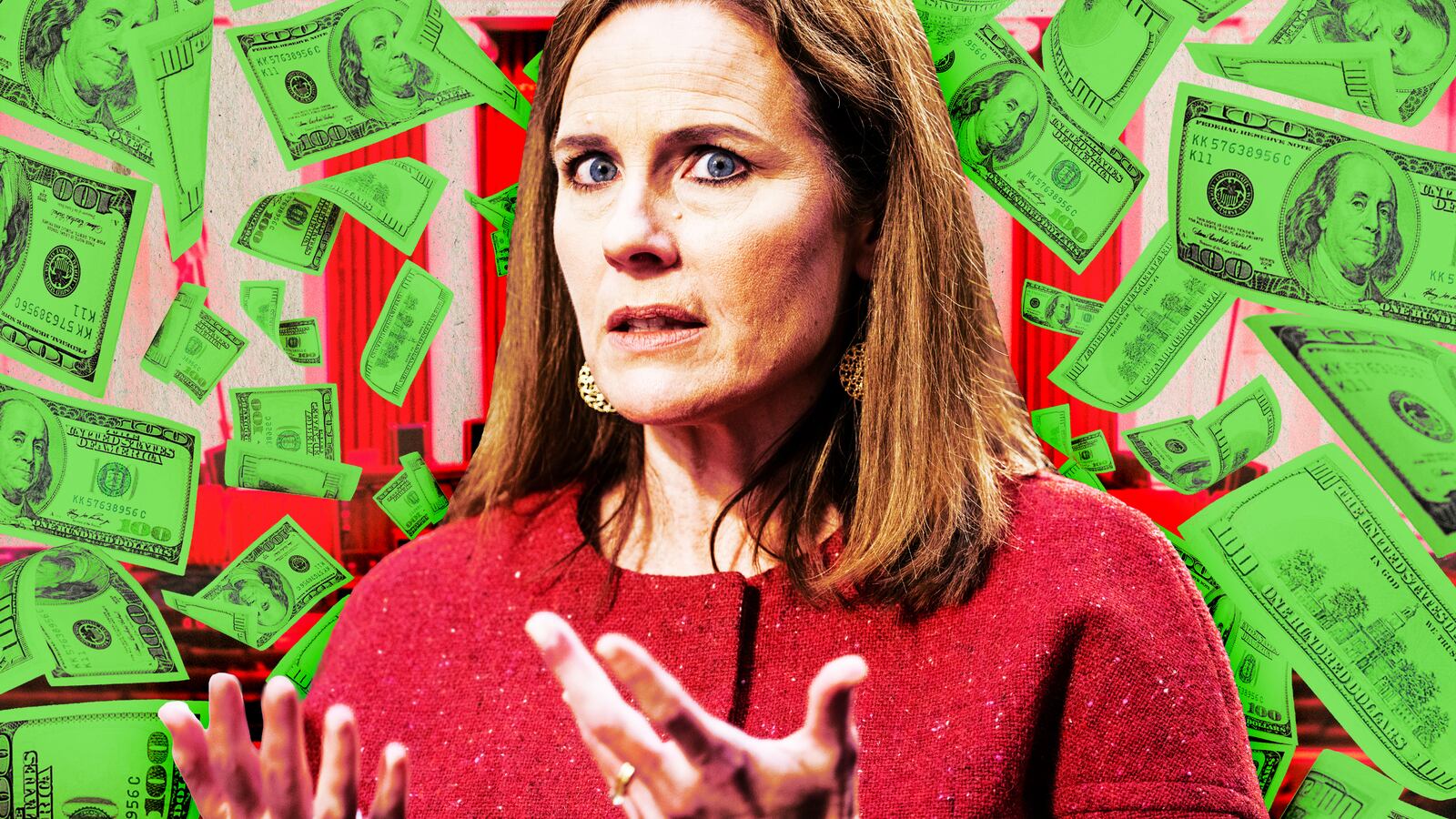 A photo illustration of Supreme Court JusticeAmy Coney Barrett and money flying.