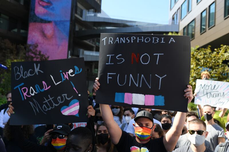 Protesters gather outside the Netflix offices to protest the company's response to Dave Chappelle's special 'The Closer' on October 20, 2021