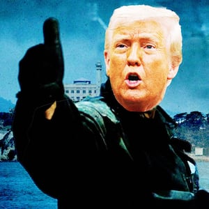 Donald Trump's head on Sean Connery's body from the movie The Rock in front of an image of Alcatraz