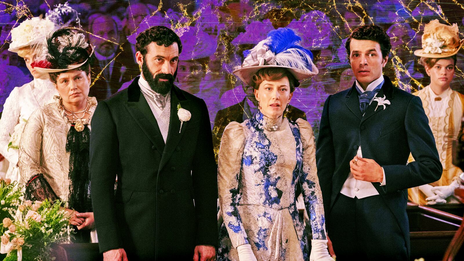 A photo illustration of Morgan Spector, Carrie Coon, and Harry Richardson in The Gilded Age.