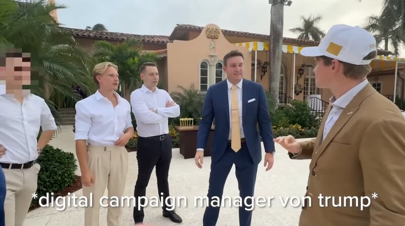 Ryan Coyne, whose firm Starboard worked for a leading Trump Super PAC to make digital ads, greets a group of conservative Germans, including far-right influencer Leonard Jäger, at Mar-a-Lago.