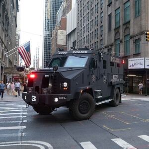 A New York Police Department Bearcat arrives on the scene of an active shooter in Midtown Manhattan, Monday, June 28, 2025, in New York City.