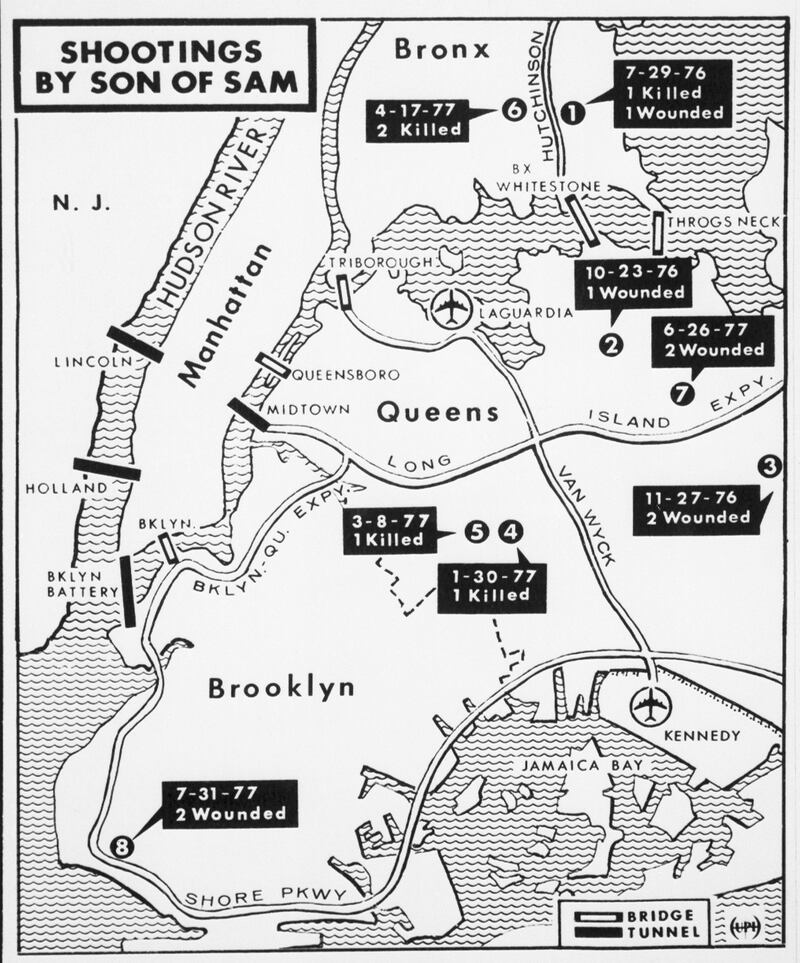 A map of New York City shows the location of the "Son of Sam" murders of 1976 and 1977.