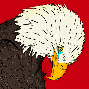 Illustrative gif of a sad bald eagle crying on a red background