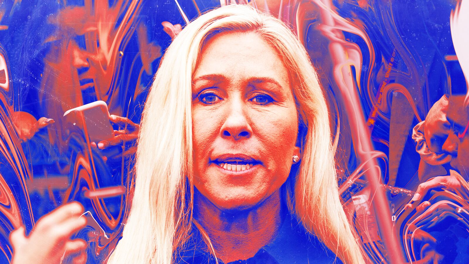 A photo illustration of Rep. Marjorie Taylor Greene at a melting press conference.