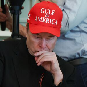 Elon Musk wears a red cap with the words "Gulf of America" as he attends a cabinet meeting at the White House.