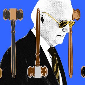 A photo illustration of Joe Biden with gavels of different shades of colors surrounding him