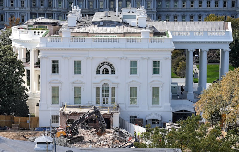 Demolition of the East Wing of the White House continues for the construction on U.S. President Donald Trump's proposed new ballroom, on October 26, 2025 in Washington, DC. (Photo by Al Drago/Getty Images)