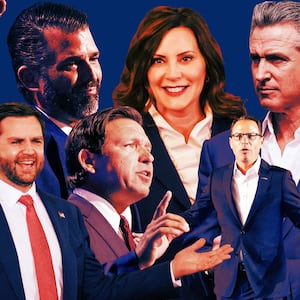 A photo illustration of JD Vance, DJT Jr., Gretchen Whitmer, Gavin Newsom, Ron DeSantis, and Josh Shapiro.