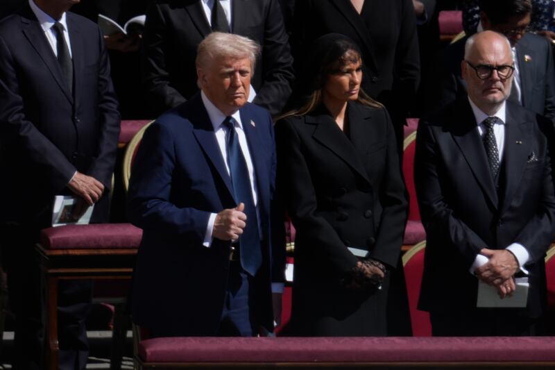US president Donald Trump and his wife Melania are seen at the Pope's Funeral at the Vatican in Rome, Italy on 26 April, 2025. (Photo by Jaap Arriens/NurPhoto via Getty Images)