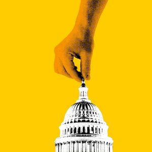 A photo illustration of the U.S. Capitol being plucked by an orange hand.