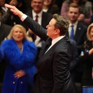 Tesla, SpaceX and X CEO Elon Musk gestures while speaking during an inauguration event at Capital One Arena on January 20, 2025 in Washington, DC.
