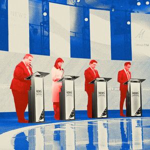 Photo illustration of Chris Christie, Vivek Ramaswamy, Nikki Haley, and Ron DeSantis at the GOP Presidential Debate