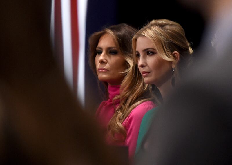 Melania Trump and Ivanka Trump look on before Donald Trump and Hillary Clinton participate in the second 2016 presidential debate at Washington University in St. Louis, Missouri on October 9, 2016.