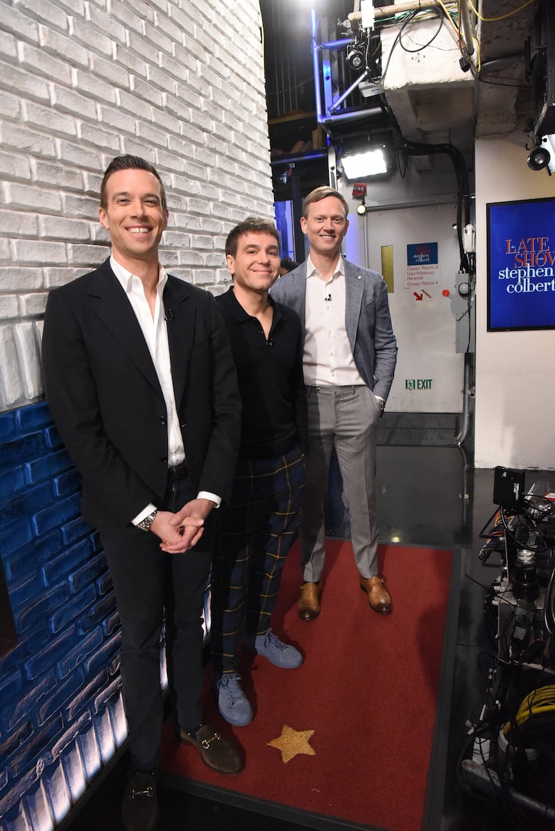The Late Show with Stephen Colbert and guests Jon Favreau, Jon Lovett & Tommy Vietor during Monday's January 20, 2025 show.