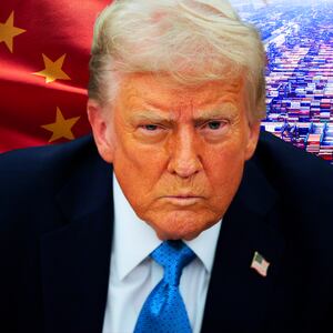 Donald Trump photo illustration with Chinese flag and cargo containers