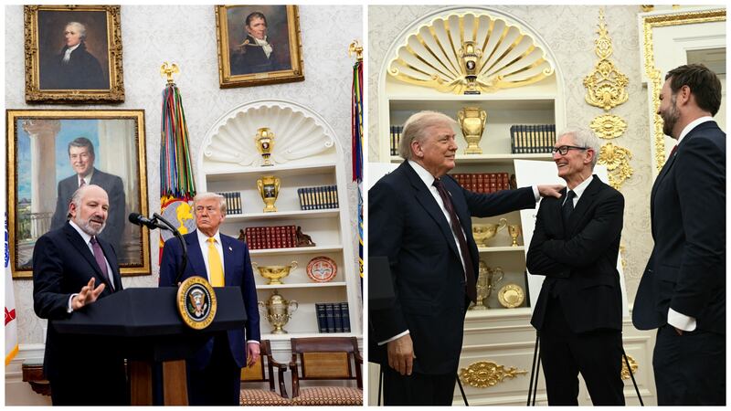Donald Trump had added some gold figures to the Oval Office during his first month back in power, as shown in a photo from Feb. 21 (left). However, photos taken this week (right) show that nearly every feature in the historic office is plated in gold or is adjacent to something else that is.