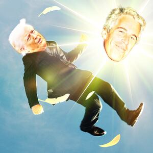 A photo illustration of President Donald Trump falling as Icarus flying too close to the sun with Jeffrey Epstein's face in it.