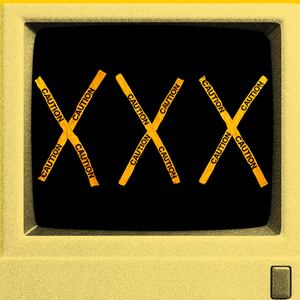 Photo illustration of an old computer with "XXX" across the screen made from caution tape