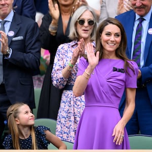 Princess Charlotte of Wales and Catherine, Princess of Wales court-side of Centre Court during the men's final on day fourteen of the Wimbledon Tennis Championships at the All England Lawn Tennis and Croquet Club on July 14, 2024 in London, England.