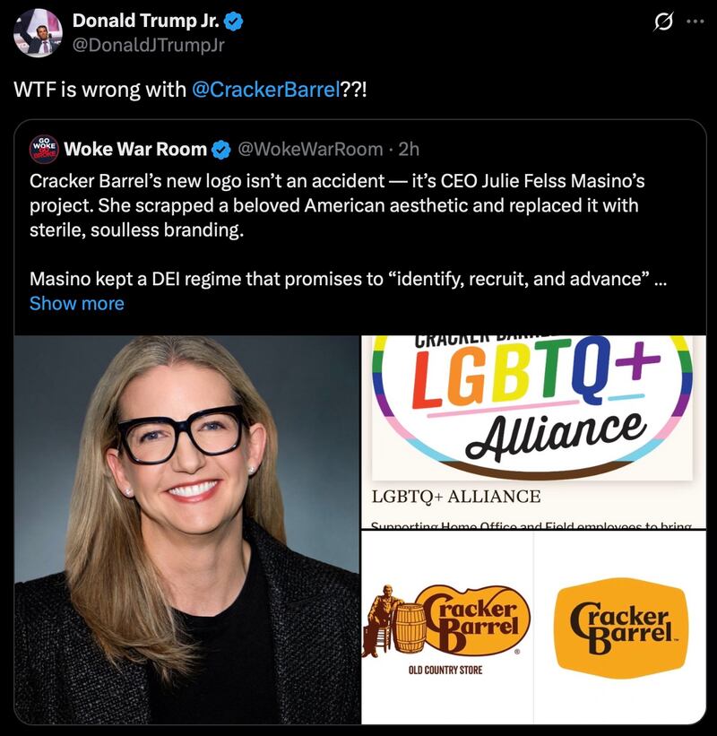 Donald Trump Jr posts on X about Cracker Barrel.